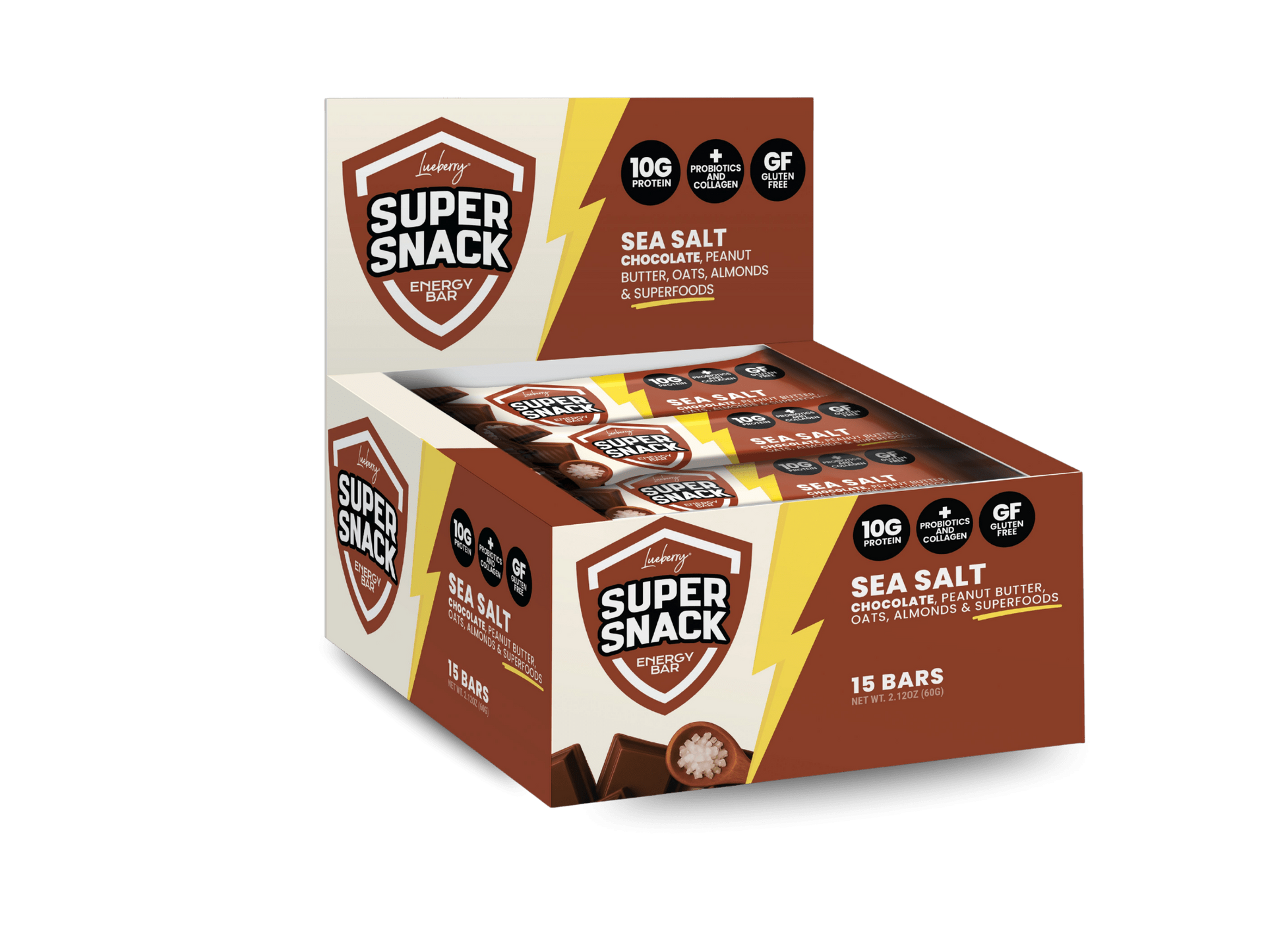 Box of Super Snack sea salt crisps packaging in brown and orange with logo and product labels