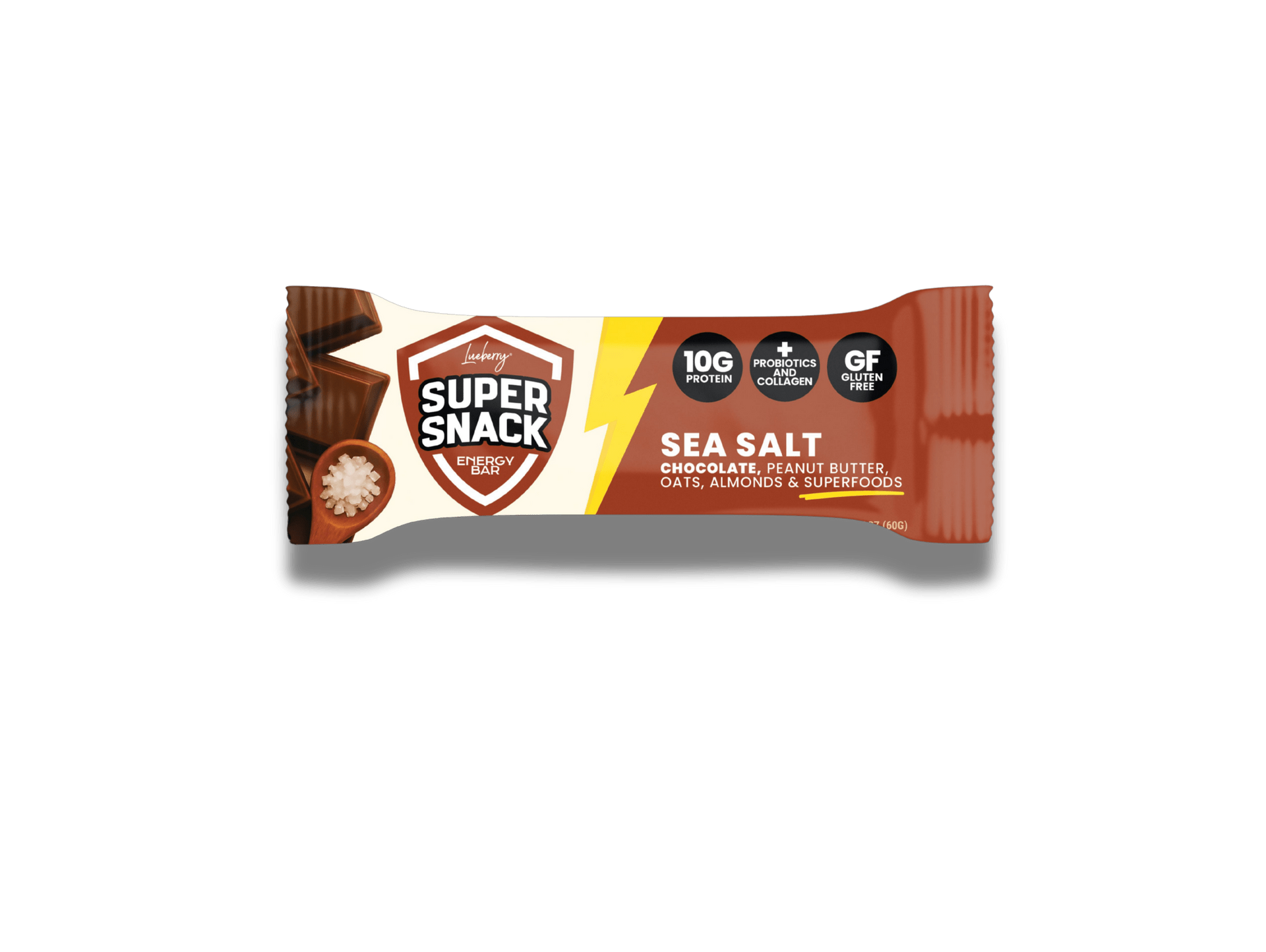 Super Snack Sea Salt snack box, brown and white packaging, shown on a white background