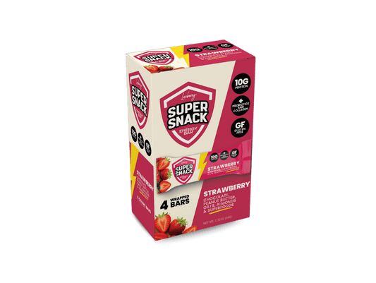 Pink “Super Snack” strawberry-flavored snack box on a white background.