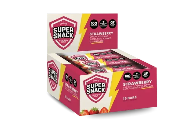 Pink Super Snack strawberry treats box with 18 bars shown open and stacked beside it