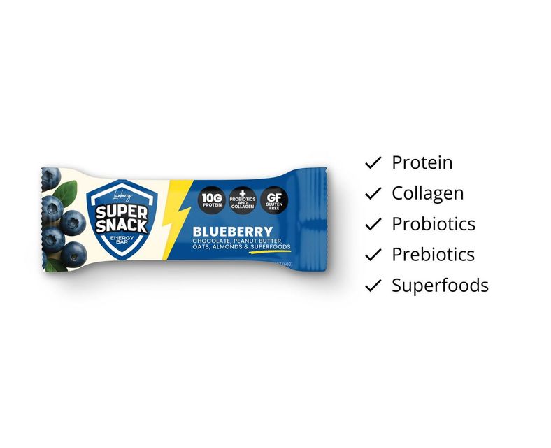 Blueberry Super Snack bar with protein, collagen, probiotics, prebiotics, and superfoods listed beside it