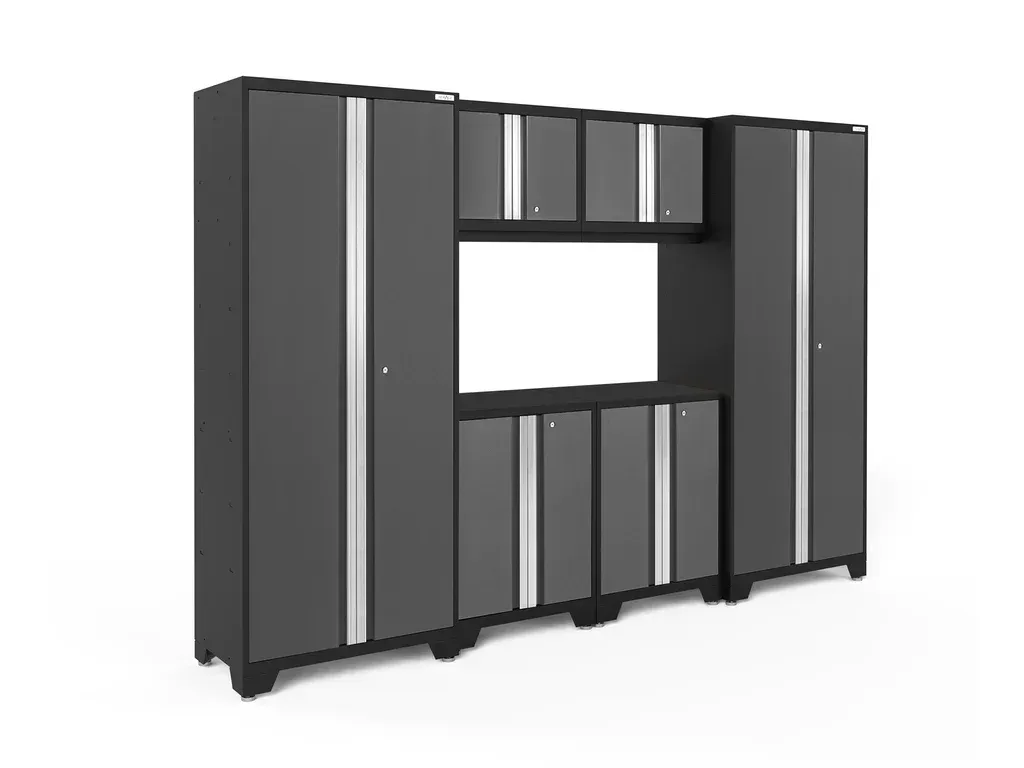 a set of gray garage cabinets on a white background .