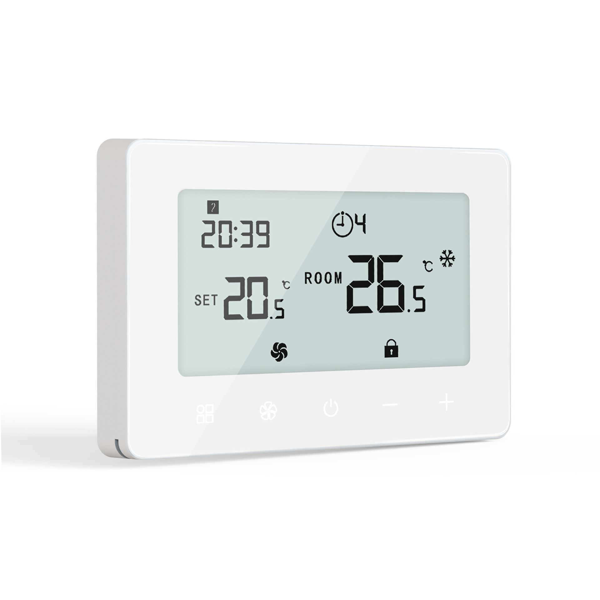 White thermostat showing time, set and room temperature with control buttons.