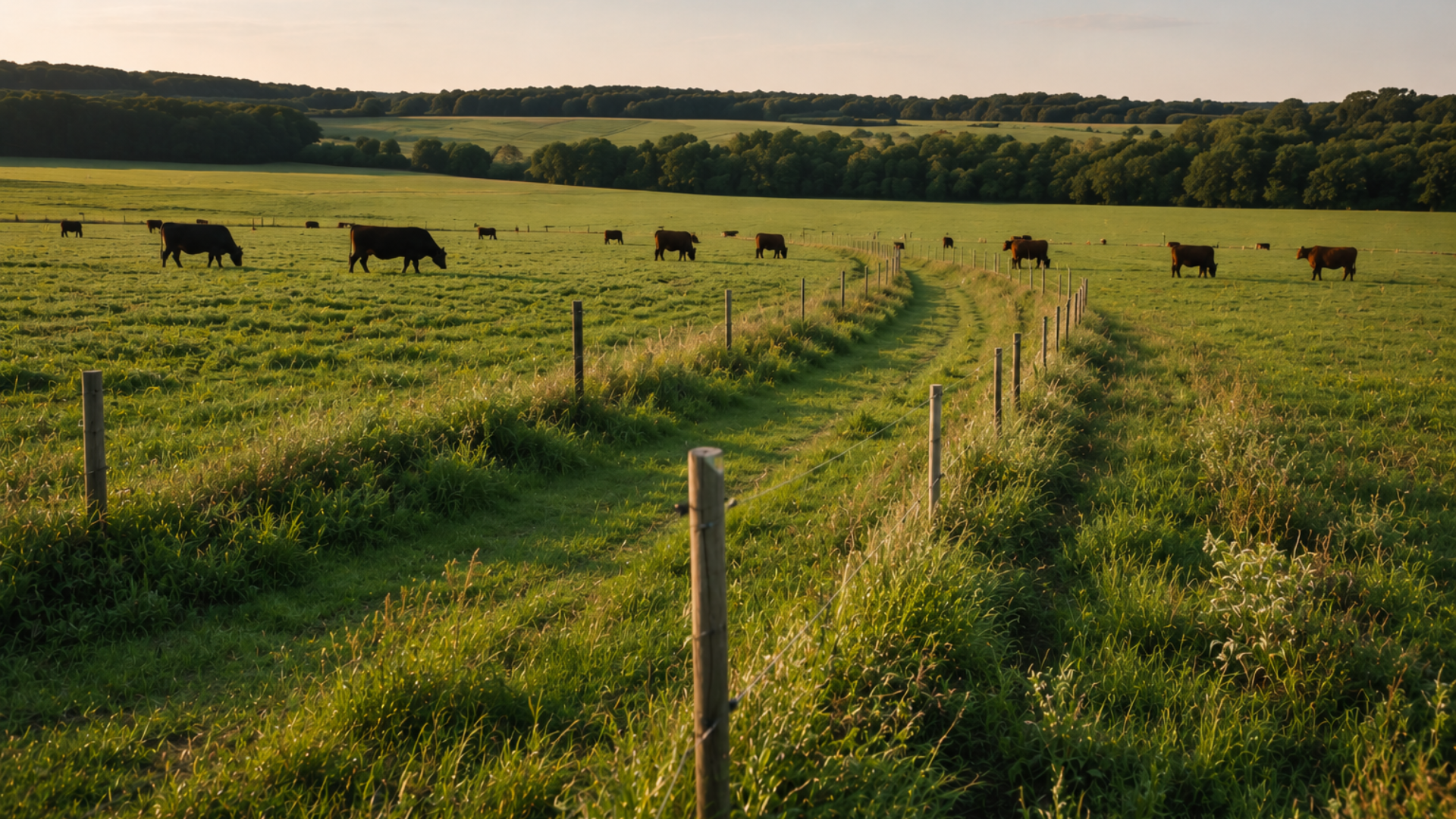 Cattle grazing in a green field at sunset, with a fenced path leading into the distance.