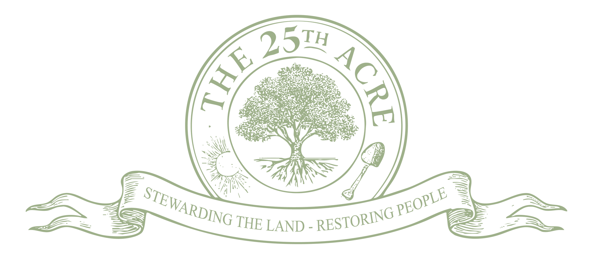 The 25th Acre logo with a tree emblem and ribbon reading “Departing the land, returning the flavors”
