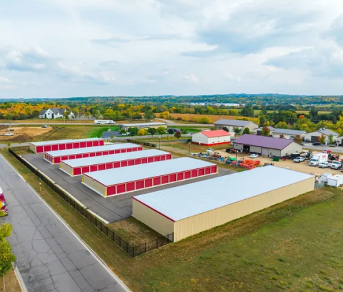 Birds-eye view of a storage facility on a cloudy day.