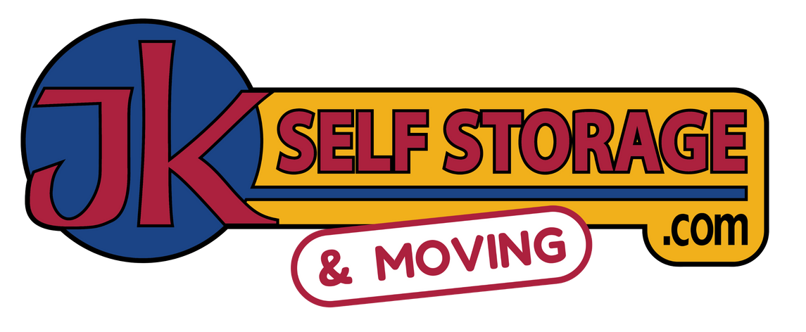 JK Self Storage & Moving logo with blue circle, red letters, yellow banner, and black outline.