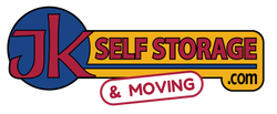 JK Self Storage & Moving logo with blue circle, red letters, yellow banner, and black outline.