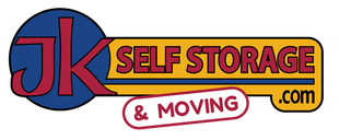 JK Self Storage & Moving logo with blue circle, red letters, yellow banner, and black outline.