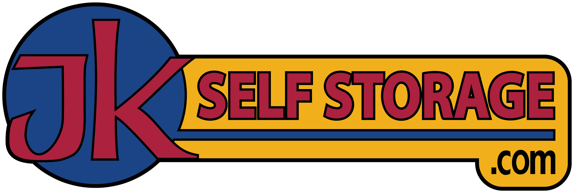 JK Self Storage logo with blue circle, red letters, and yellow banner with black border