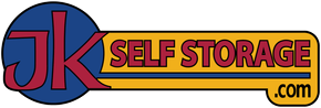 JK Self Storage logo with blue circle, red letters, and yellow banner with black border