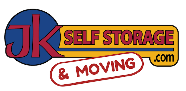 JK Self Storage & Moving logo with blue circle, red letters, yellow banner, and black outline.