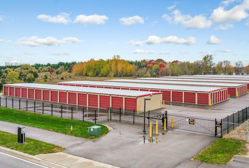 Birds-eye view of a storage facility on a brisk fall day after rain.