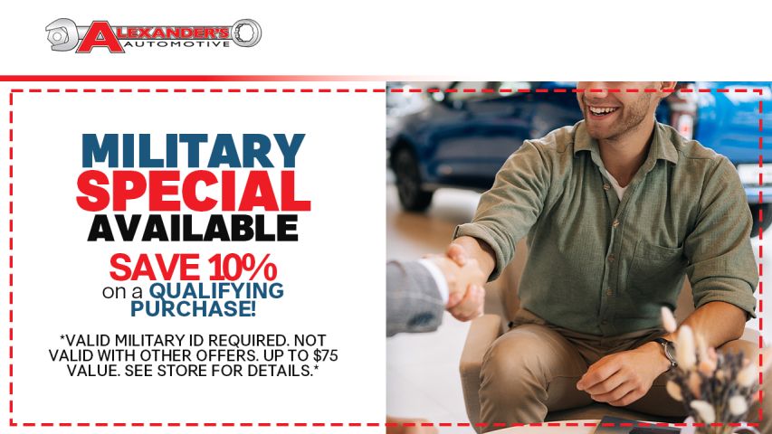 Alexandria Automotive Military Special: Save 10% on qualifying purchase. Smiling man shakes hands.
