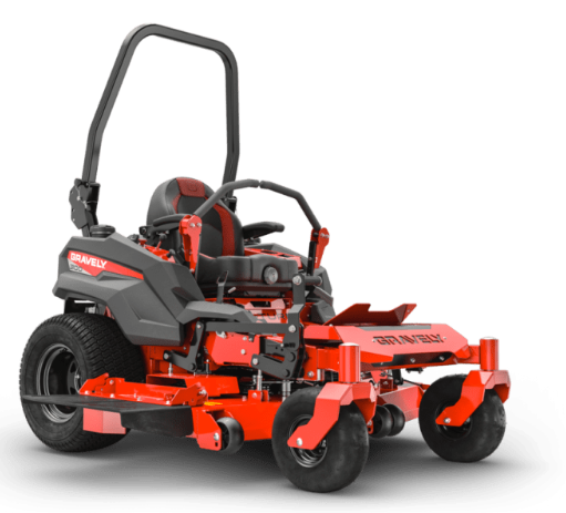 Red and black commercial zero-turn lawnmower on a white background.