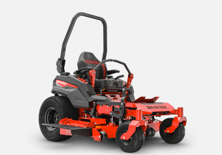 Red and black zero-turn lawnmower with a large cutting deck, parked on a white surface.