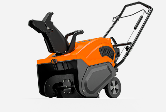 Orange and black snow blower with a directional chute and handle. It has wheels and is set against a white background.