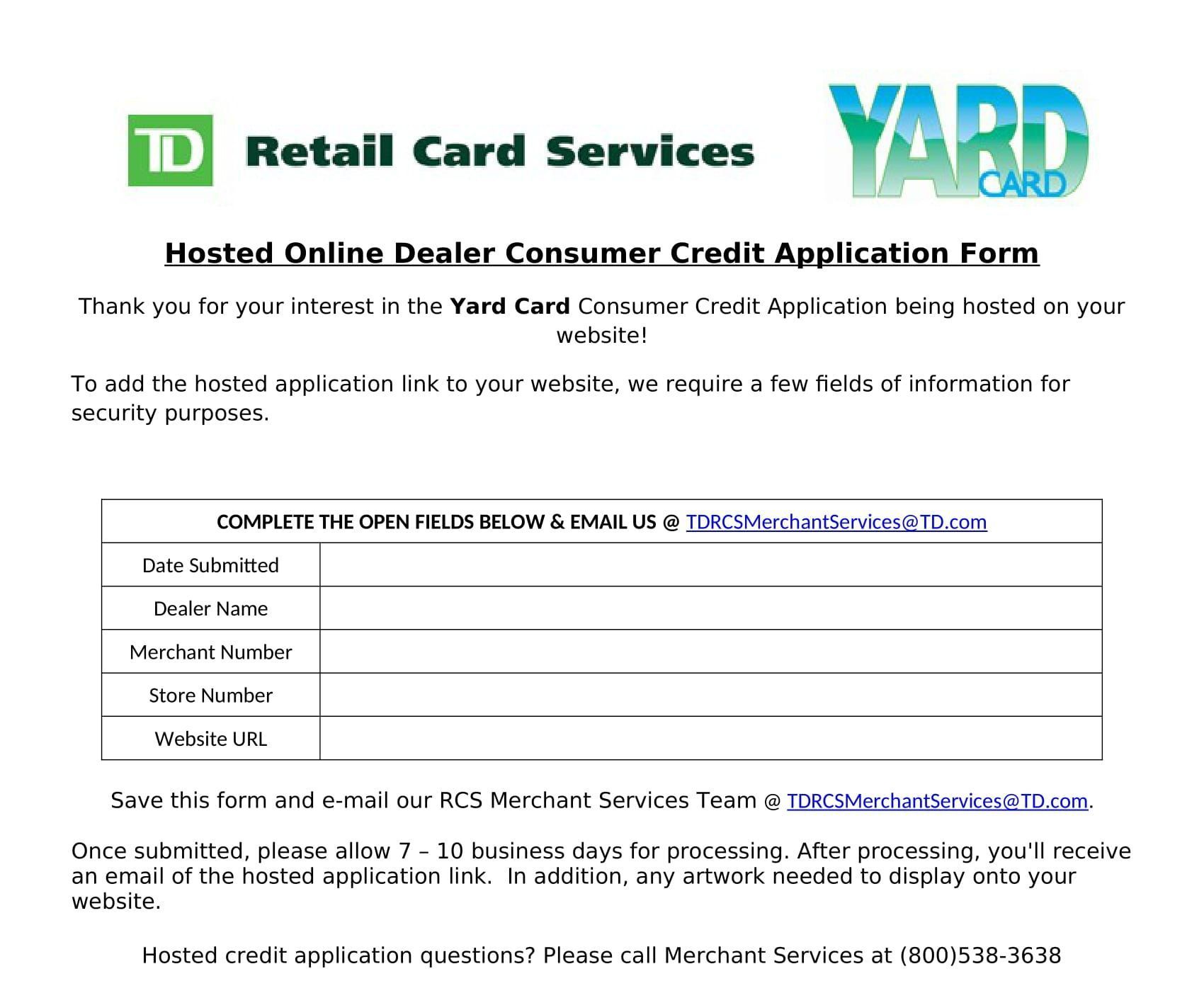 A TD Retail Card Services form for a yard card application. It includes fields for dealer information and instructions to submit the form.