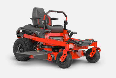 Red and black zero-turn lawnmower with a comfortable seat and roll bar, ready for cutting grass.