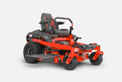 Red and black zero-turn lawn mower with oversized tires on a white background.