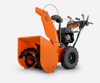 Orange snowblower with a black auger and wheels on a white background.