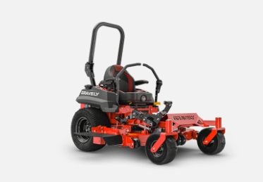 Red and black zero-turn lawn mower on a white background.