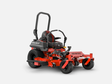 Red Gravely zero-turn lawnmower with black accents on a white background.