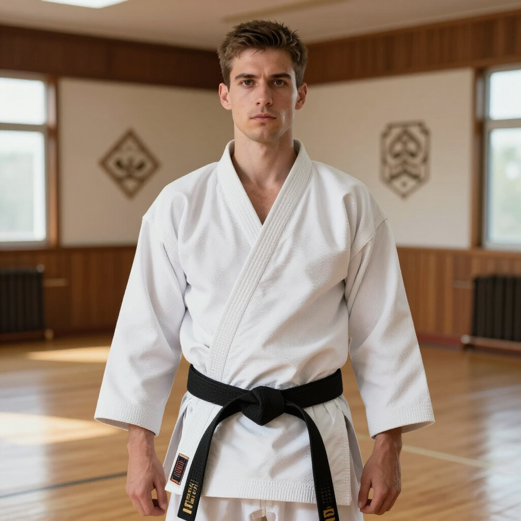 Een man in een wit karatepak met zwarte band staat in een dojo, met zijn gezicht naar voren.