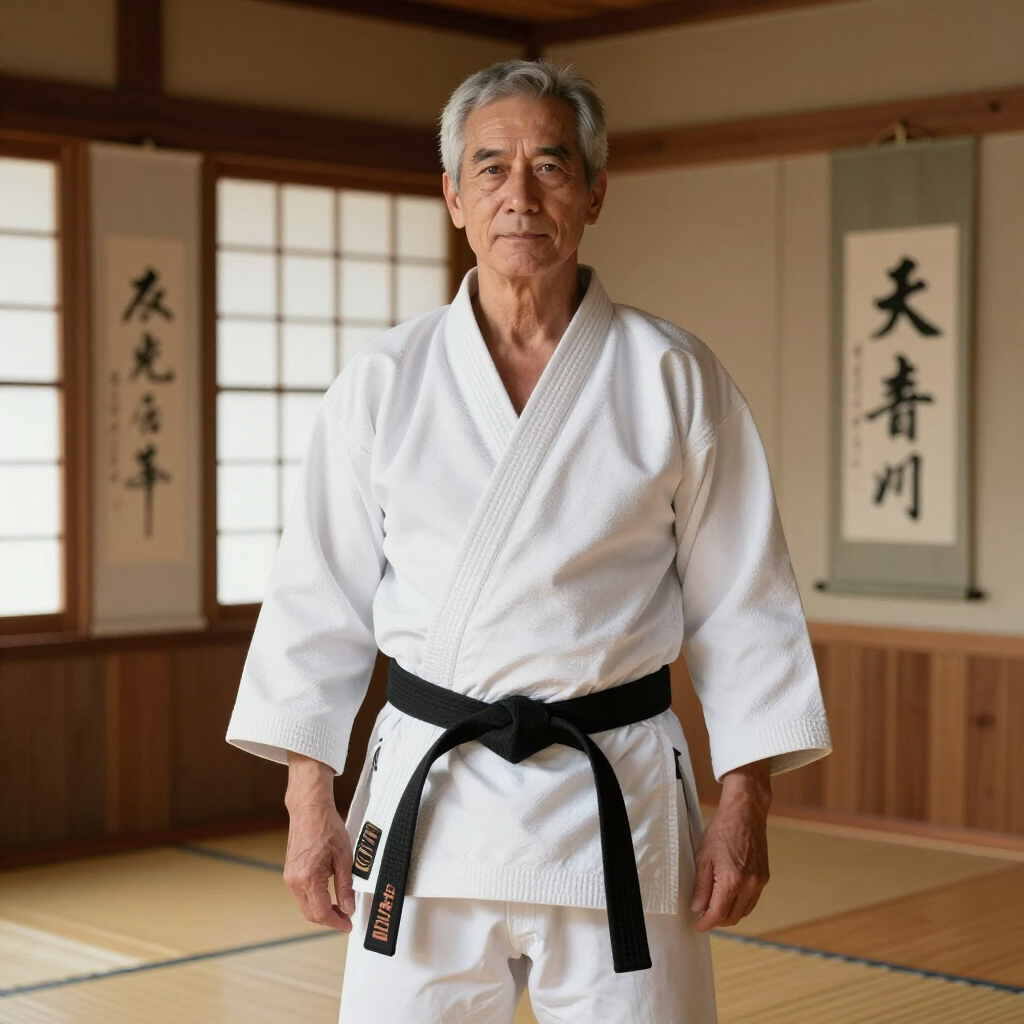 Een vechtsportinstructeur in een witte gi en met een zwarte band staat in een dojo met kalligrafierollen.