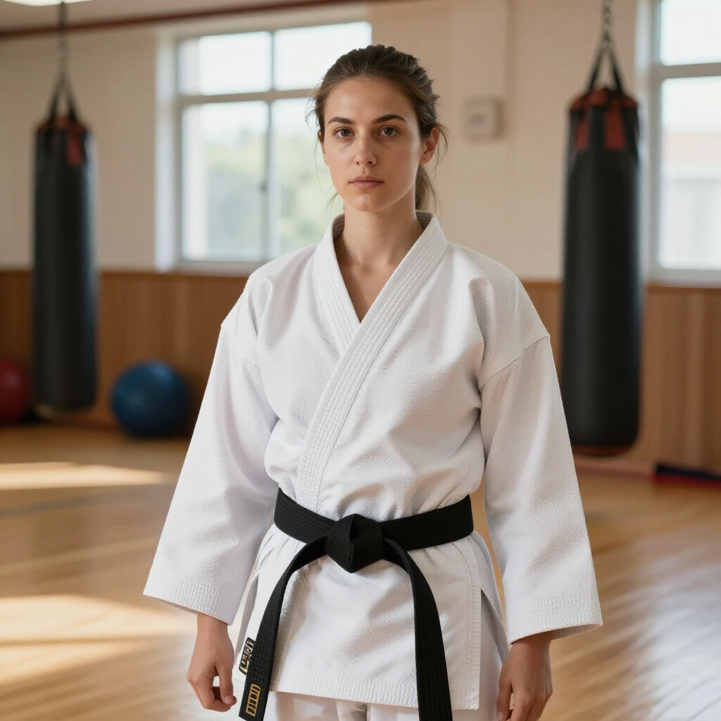 Een persoon in een wit vechtsportpak met zwarte band staat in een dojo, met bokszakken op de achtergrond.