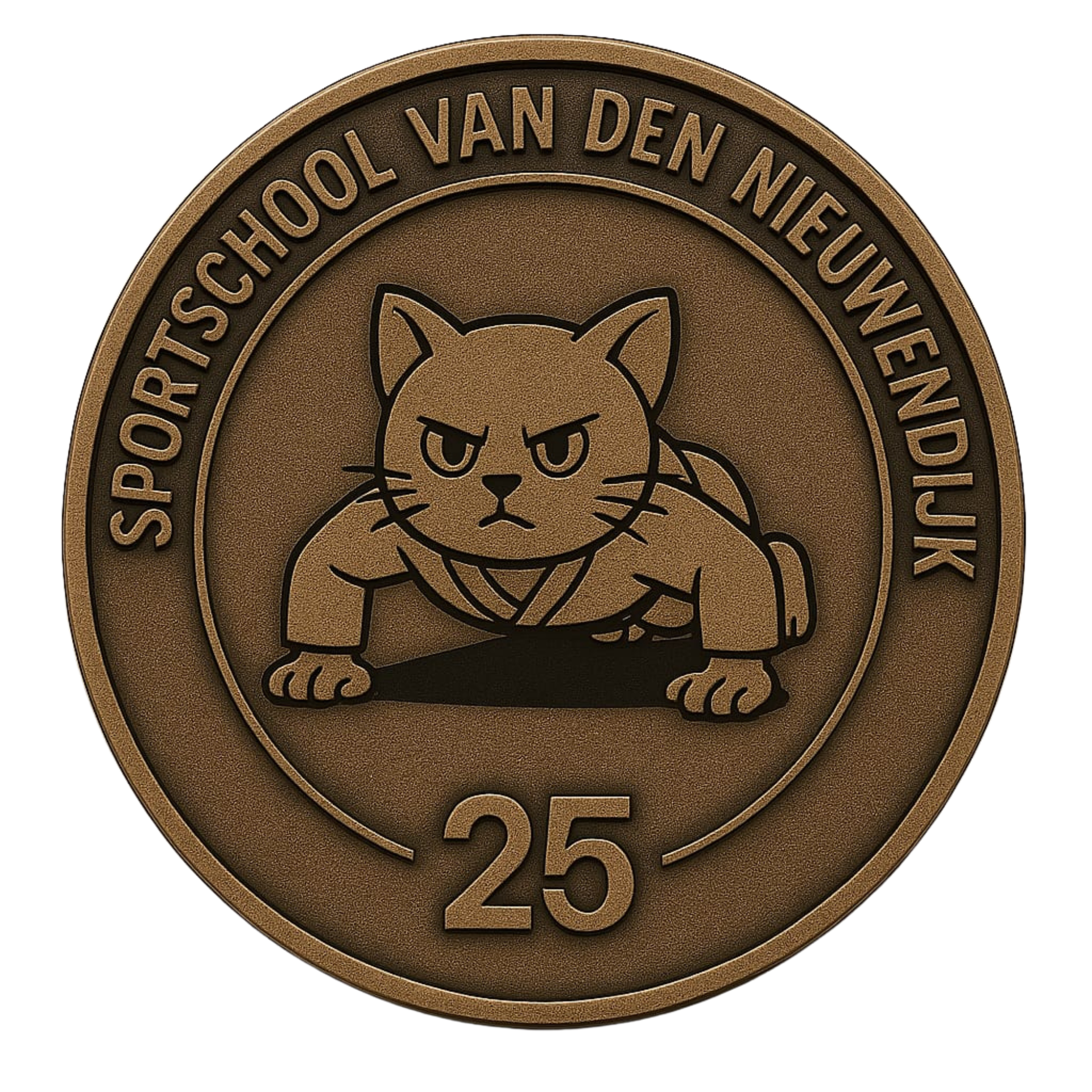 Bronze sports club medal with a cat logo and the text “SPORTSCHOOL VAN DEN NIEUWENDIJK” and “25”