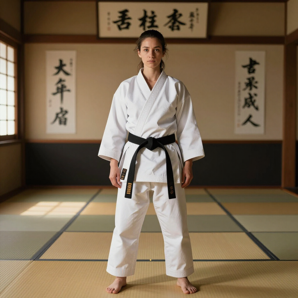 Een krijgskunstenaar in een witte gi met zwarte band staat in een dojo met tatamimatten en spandoeken met kalligrafie.