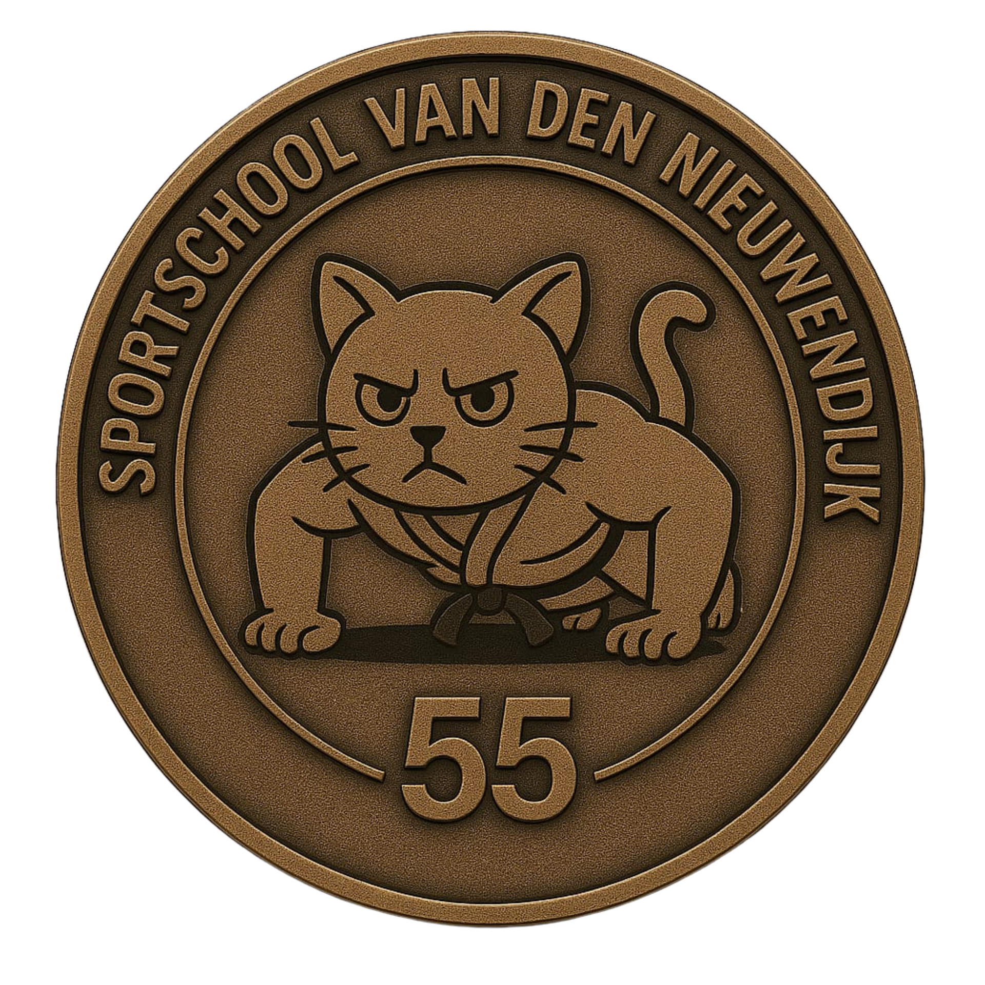Bronzen sportclubmedaille met een kattenlogo, Nederlandse tekst en het nummer 55. sportschool van den nieuwendijk 