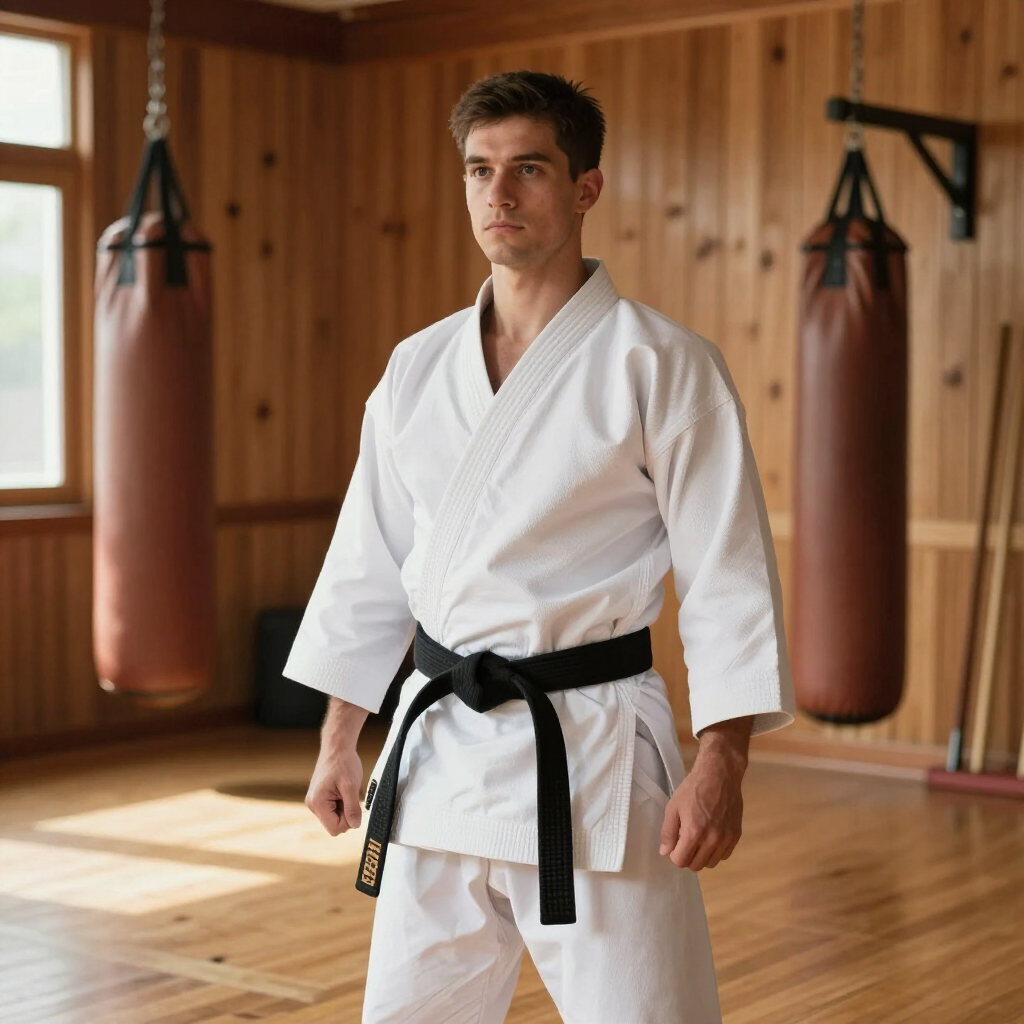 Een vechtsporter in een witte gi met zwarte band staat in een houten dojo met hangende bokszakken.