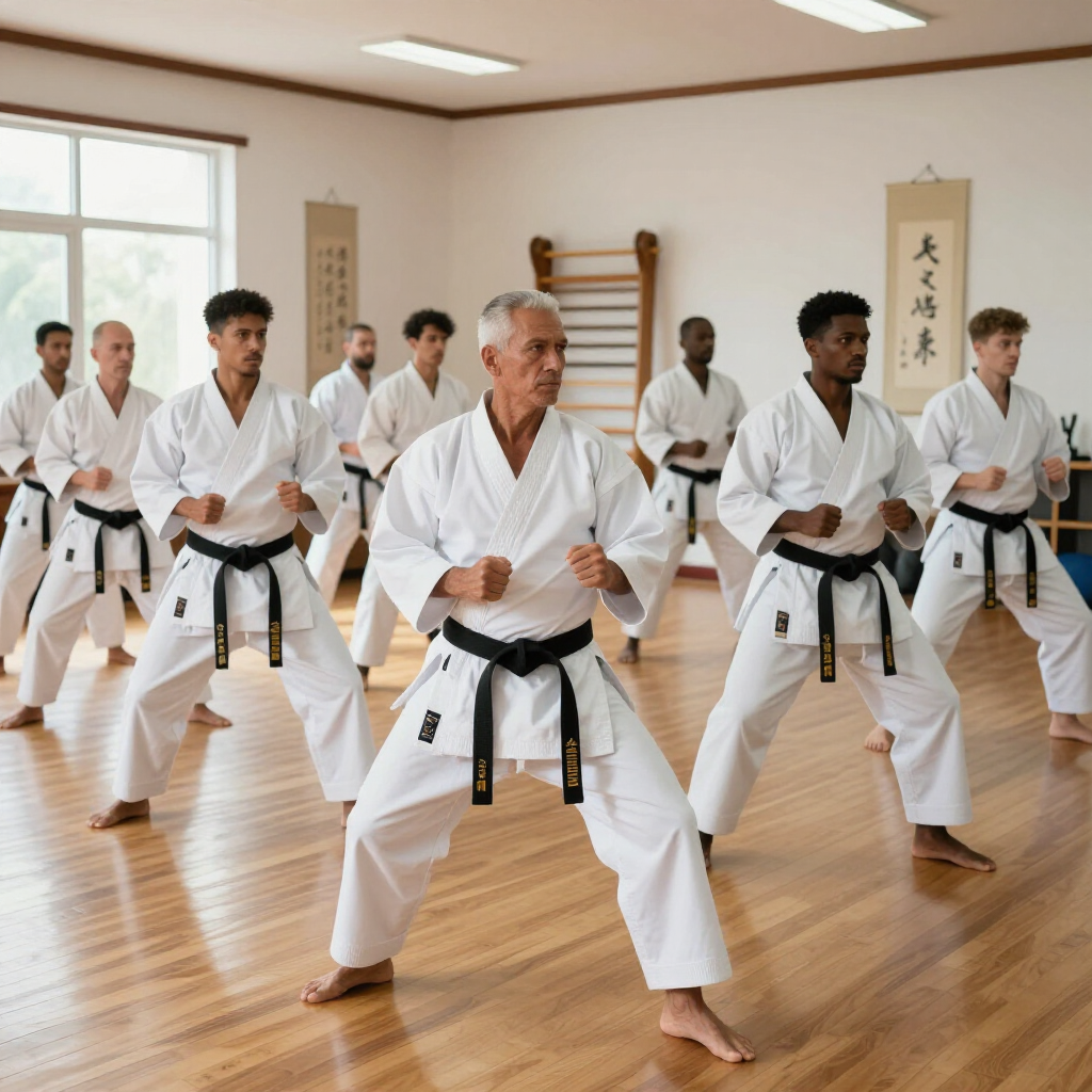 Een vechtsportles met kata-oefeningen in een lichte dojo met houten vloeren en witte uniformen.