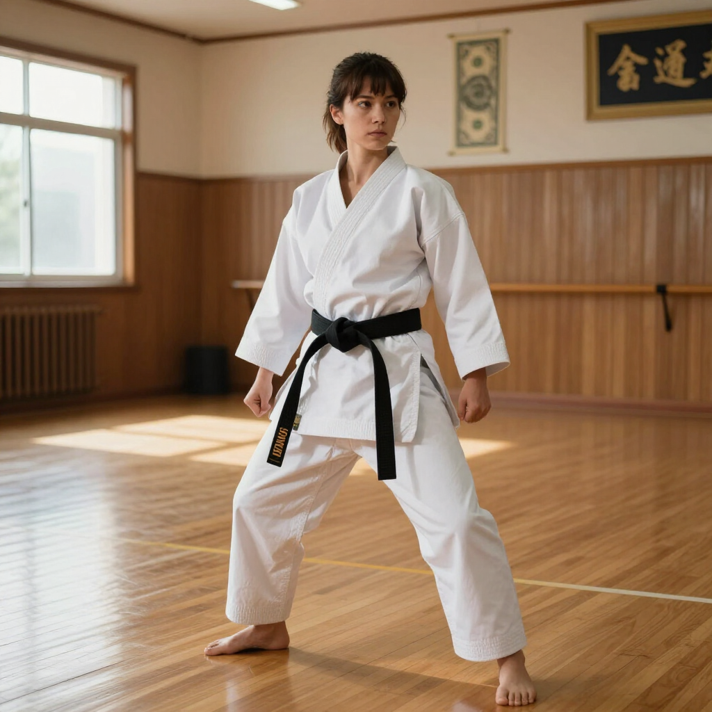 Een persoon in een wit karatepak met zwarte band staat in een dojo in een gevechtsklare houding.