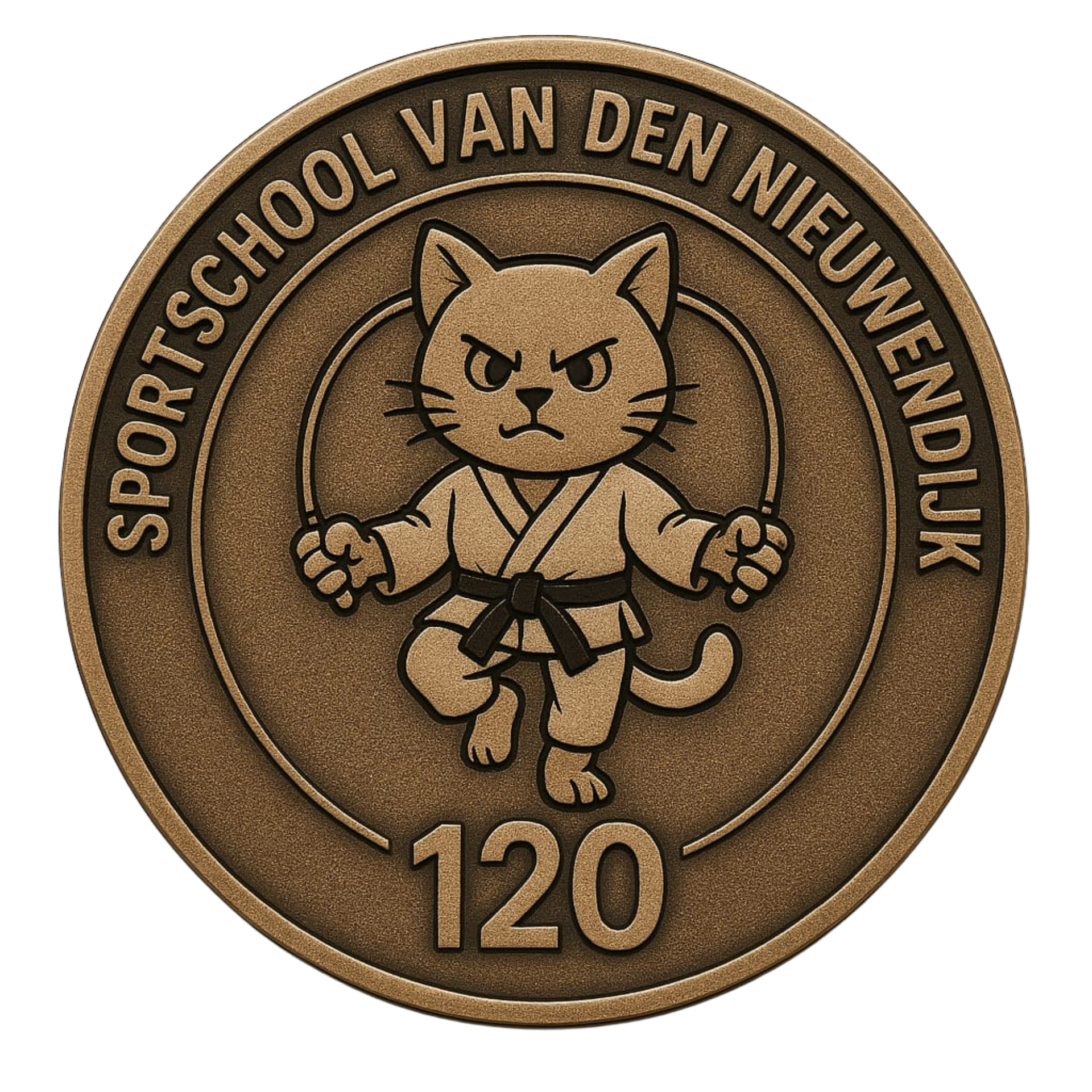 Bronze medal with a martial arts cat logo, “ sportschool van den nieuwendijk ” and “120” engraved.