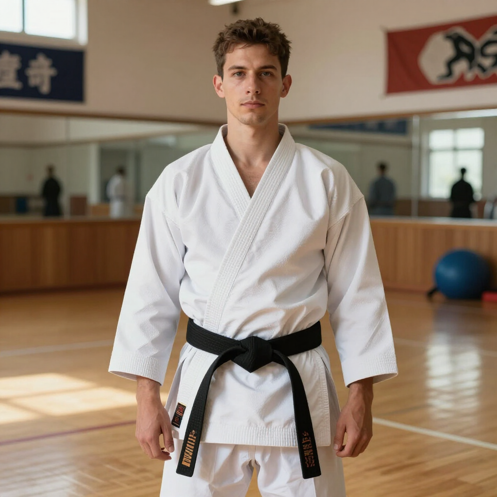 Een vechtsportstudent in een witte gi met zwarte band staat in een dojo.