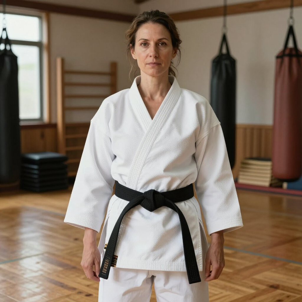 Een krijgskunstenaar in een witte gi met zwarte band staat in een dojo.