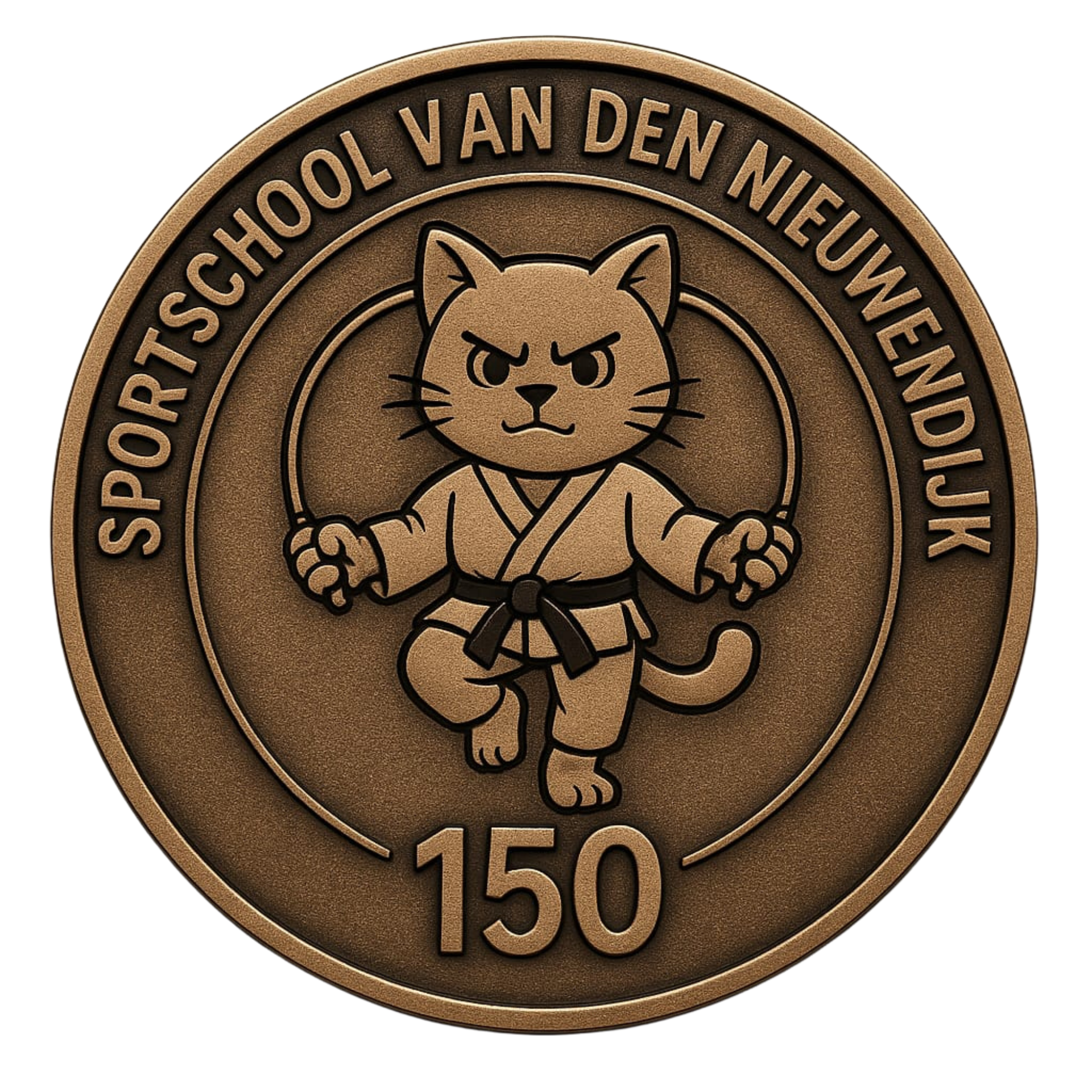 Bronze medal logo with cat martial artist and text “SPORTSCHOOL VAN DEN NIEUWENDIJK” and “150”