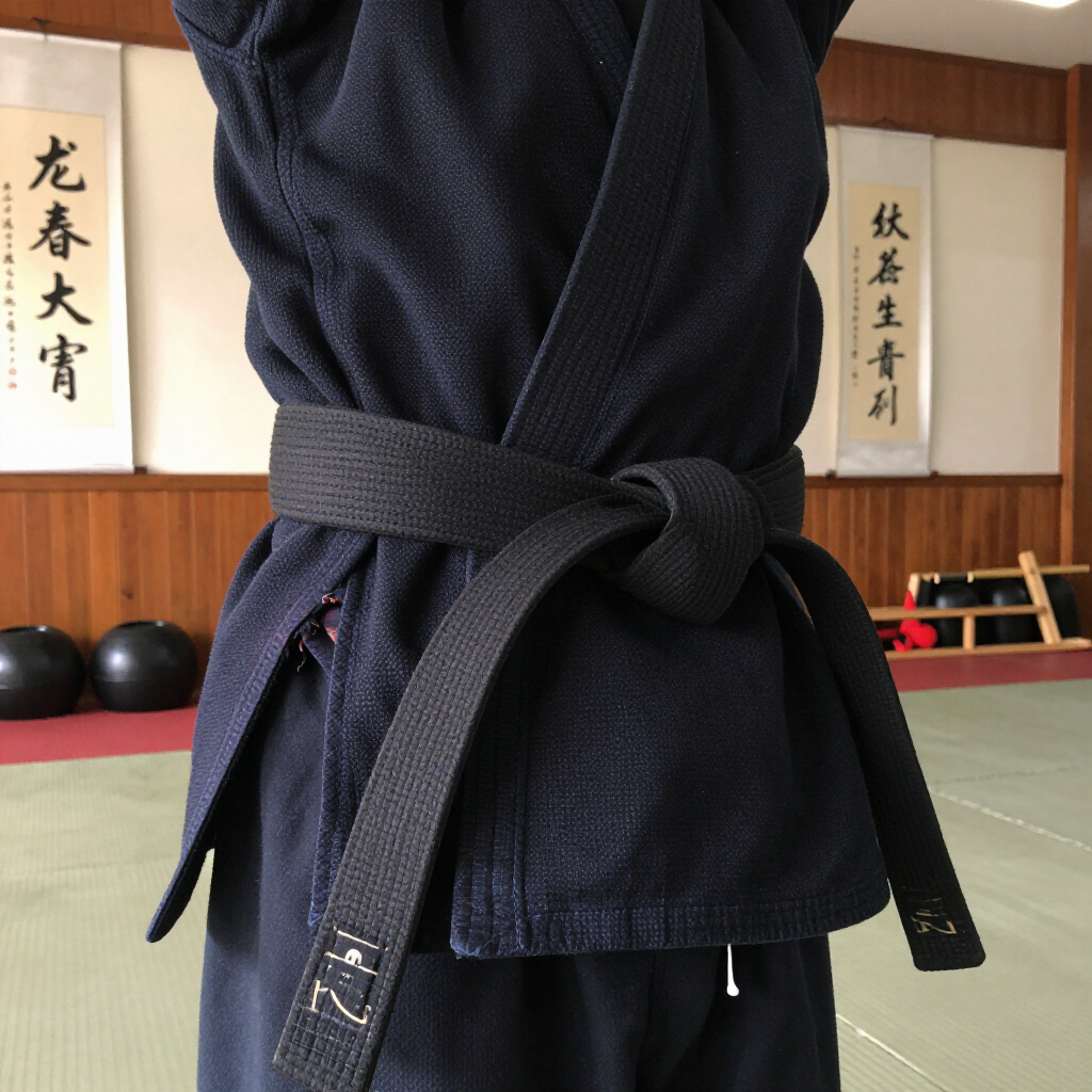 Close-up van een persoon in een zwart vechtsportpak (gi) met riem in een dojo met Japanse kalligrafie op rollen.