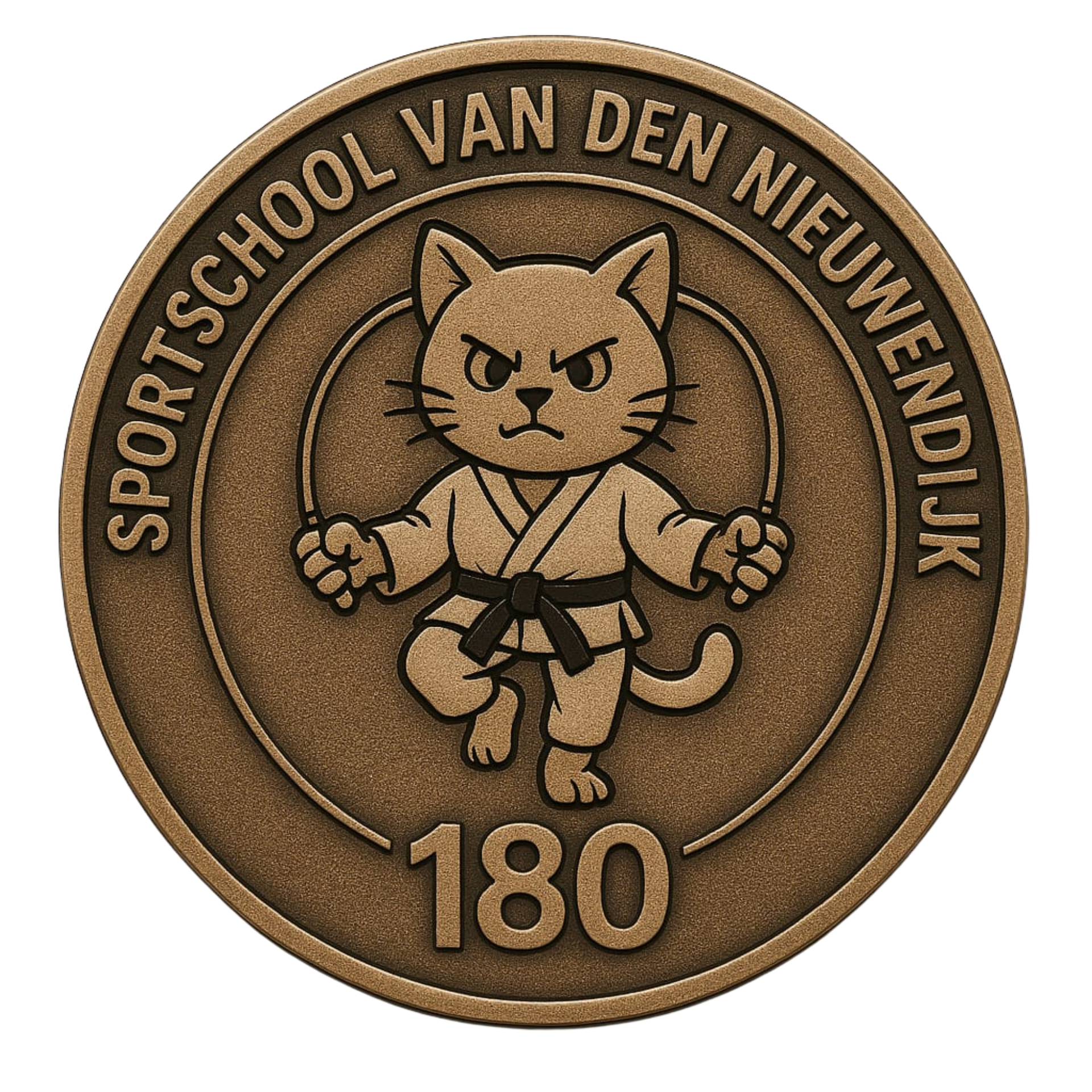 Bronze medallion with a karate cat mascot and the text “SPORTSCHOOL VAN DEN NIEUWENDIJK” and “180”