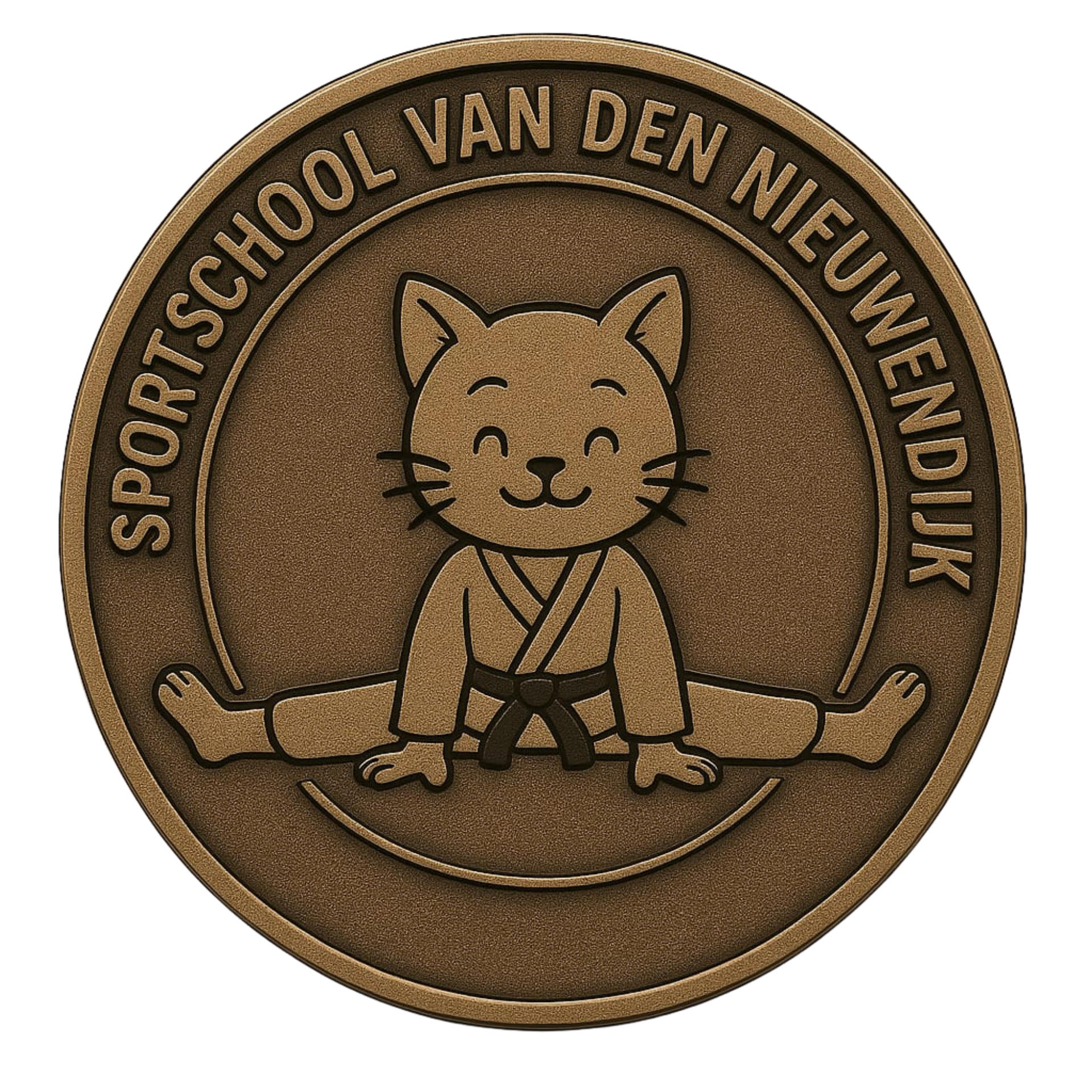 Bruin medaillelogo met een lachende kat als mascotte en de tekst 