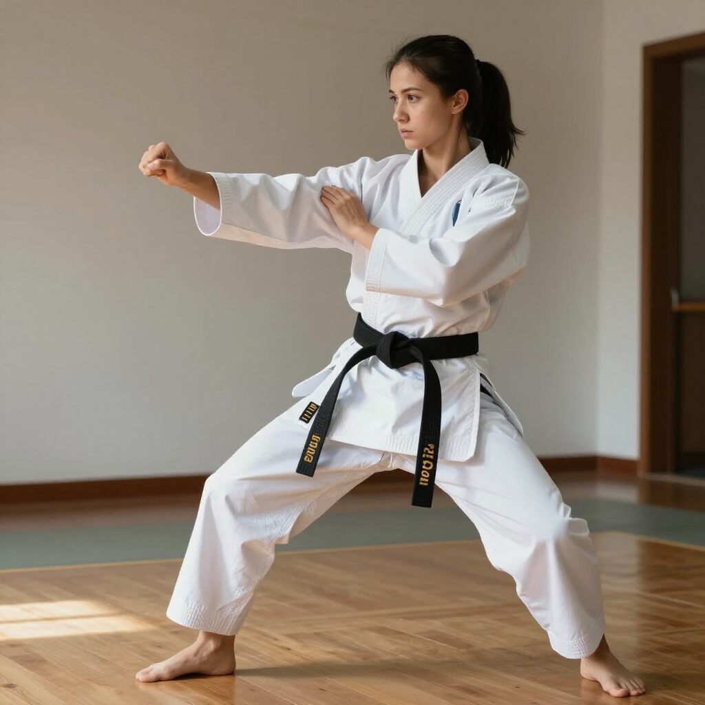 Een persoon in een wit karatepak met zwarte band oefent een houding in een dojo.
