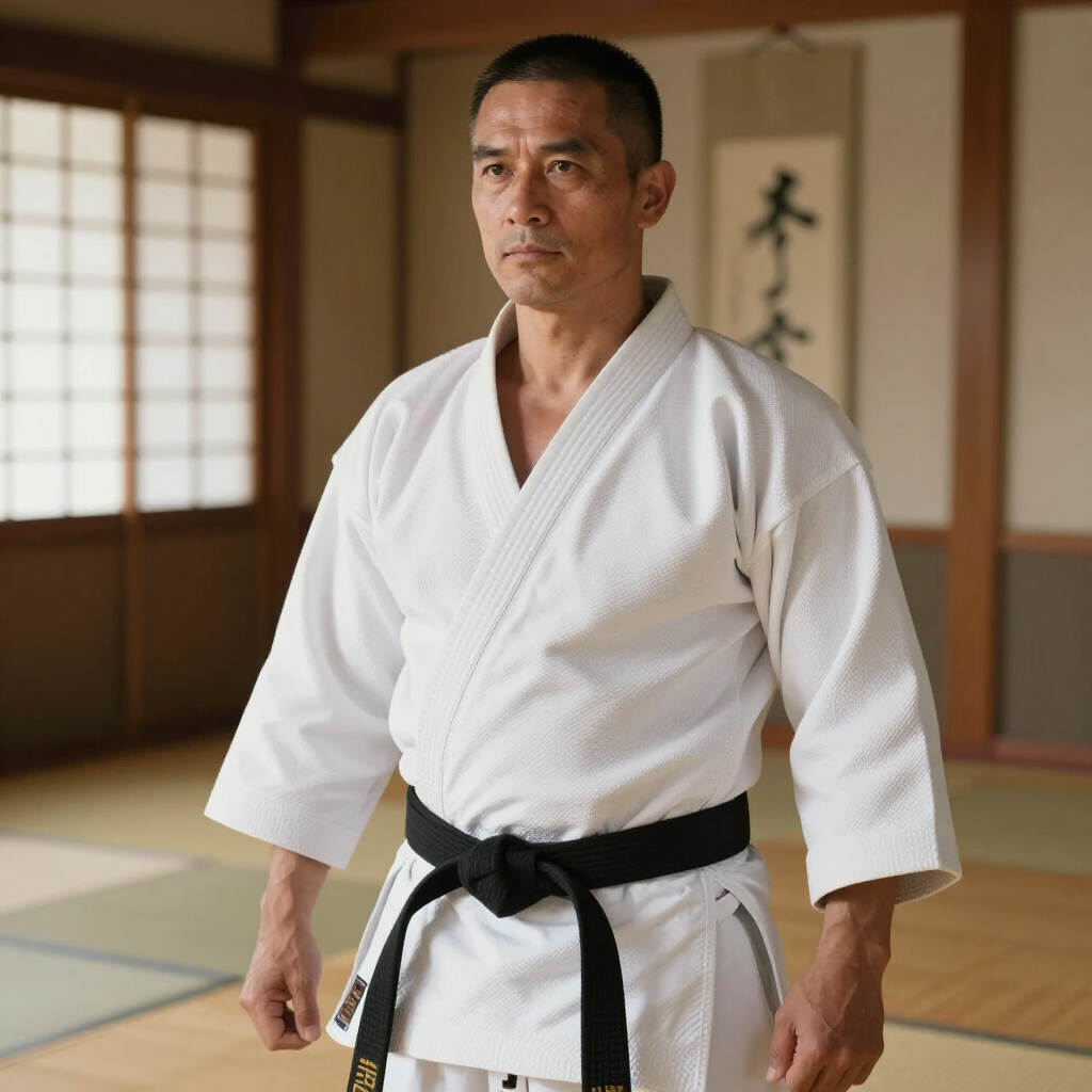 Een man in een wit vechtsportpak met zwarte band staat in een traditionele dojo.