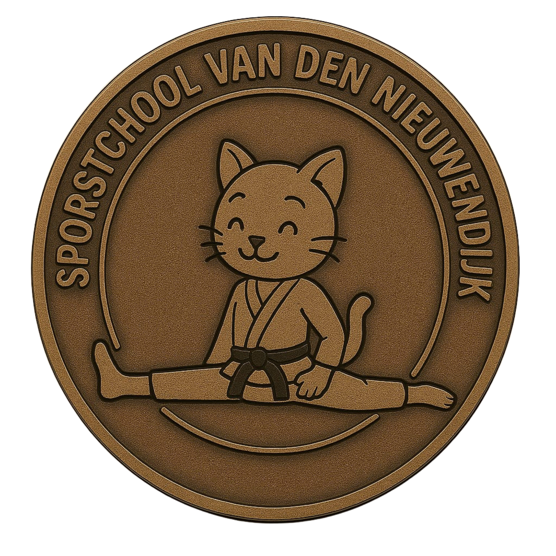 Brown round medal with a smiling cat in a martial arts uniform and the text “ sportschool van den nieuwendijk ”