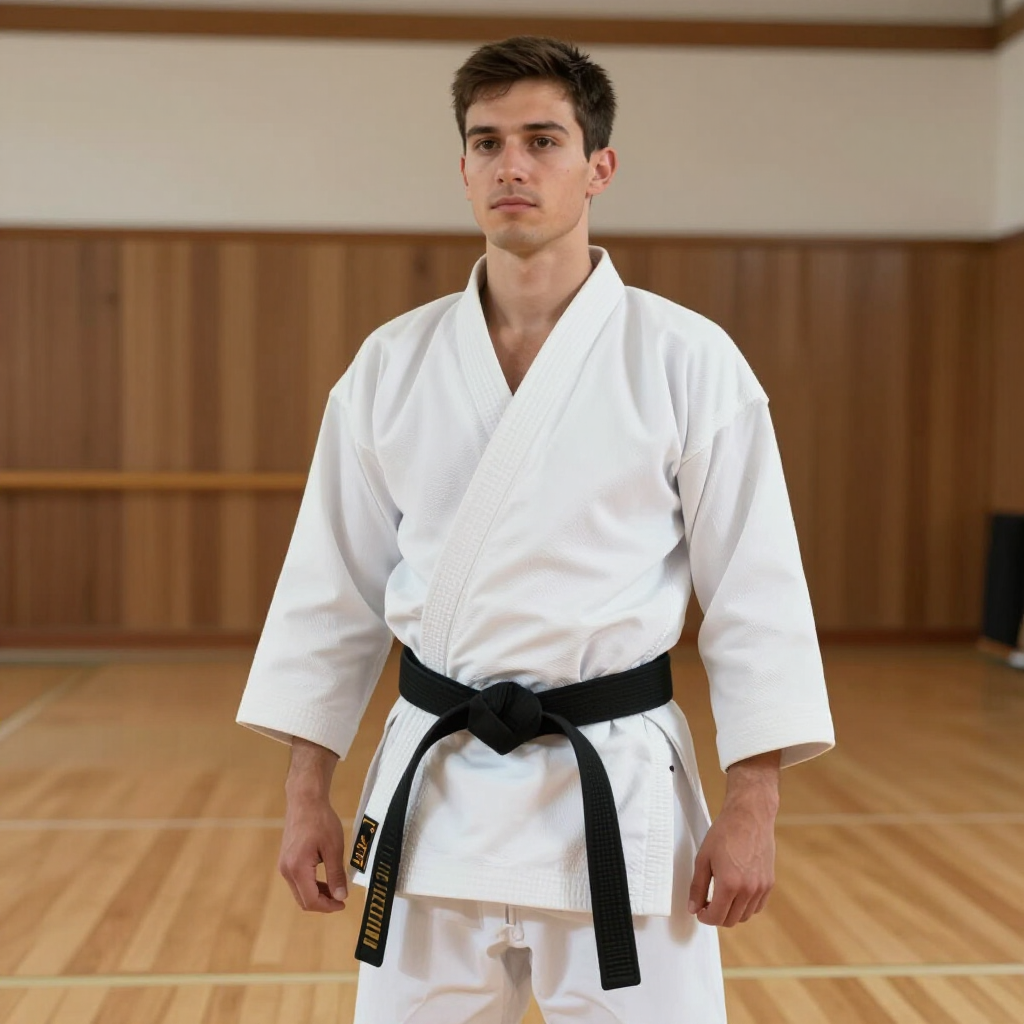 Karatebeoefenaar in een witte gi met een zwarte band, staand in een dojo.