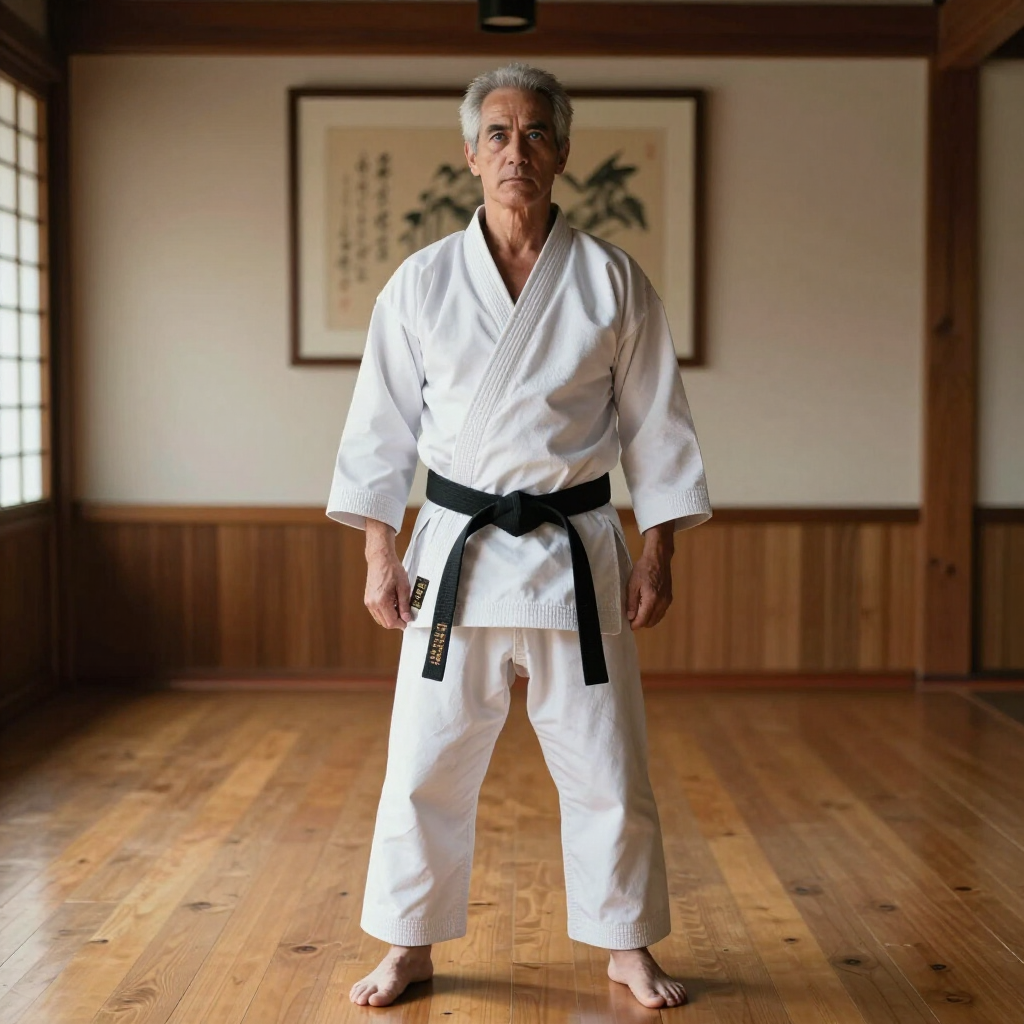 Een krijgskunstenaar in een witte gi en zwarte band staat in een houten dojo, met zijn gezicht naar voren.