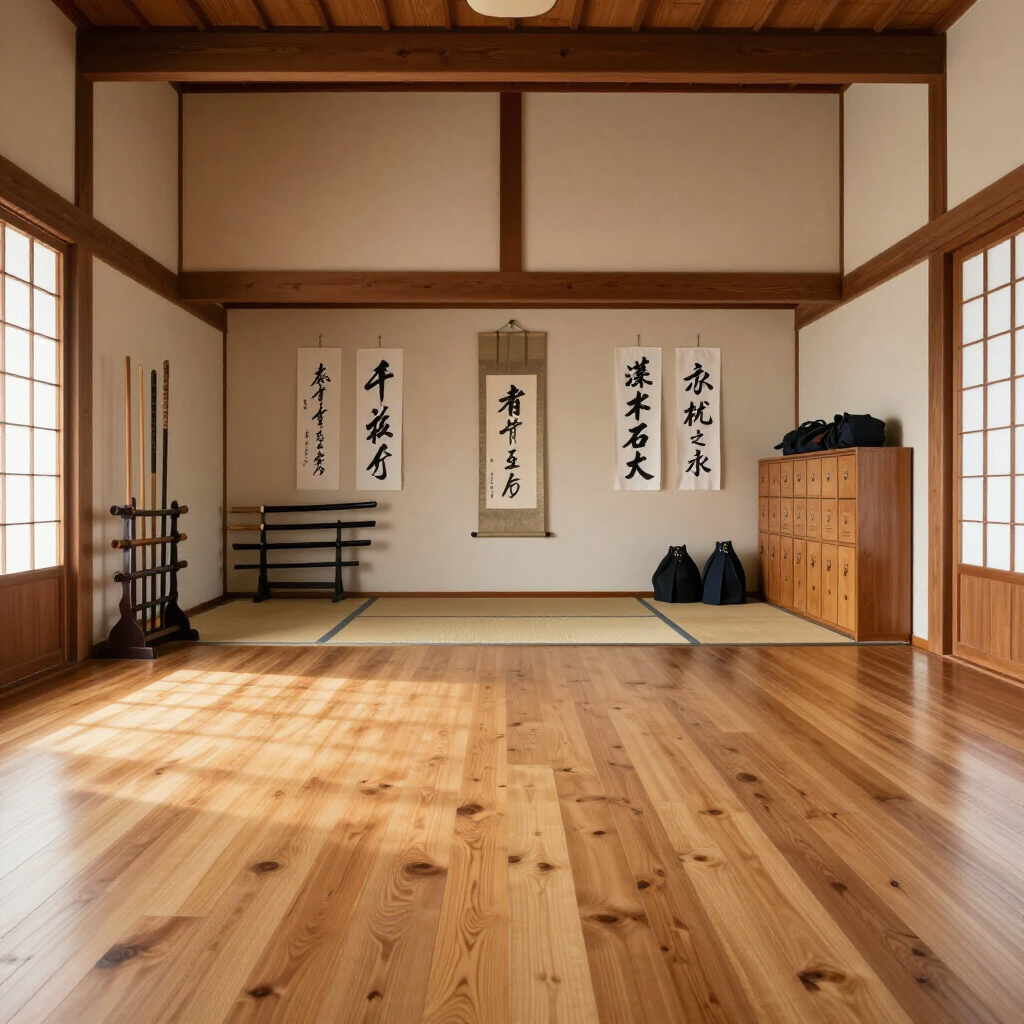 Traditioneel Japans dojo-interieur met houten vloer, kalligrafierollen, zwaardrek en oefenmatten.