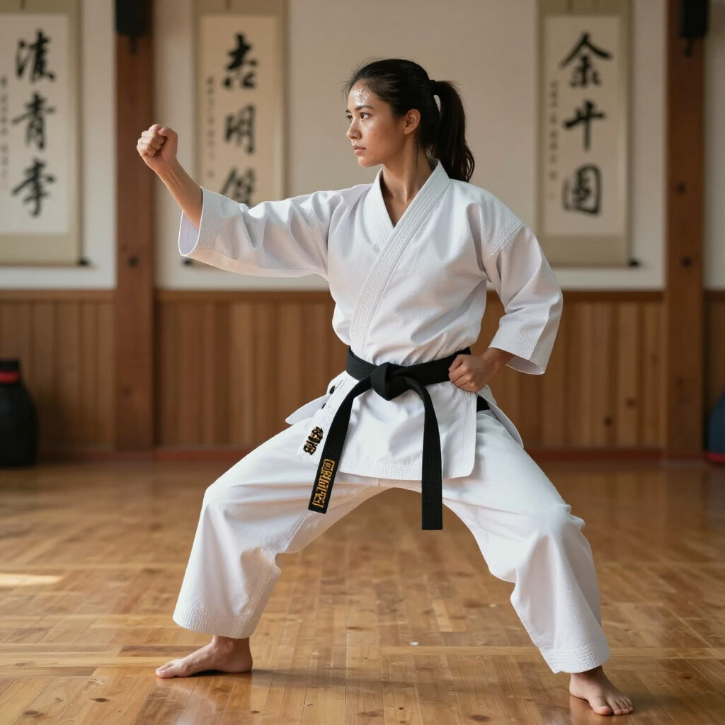 Een krijgskunstenaar in een witte gi en zwarte band neemt een karatehouding aan in een houten dojo.